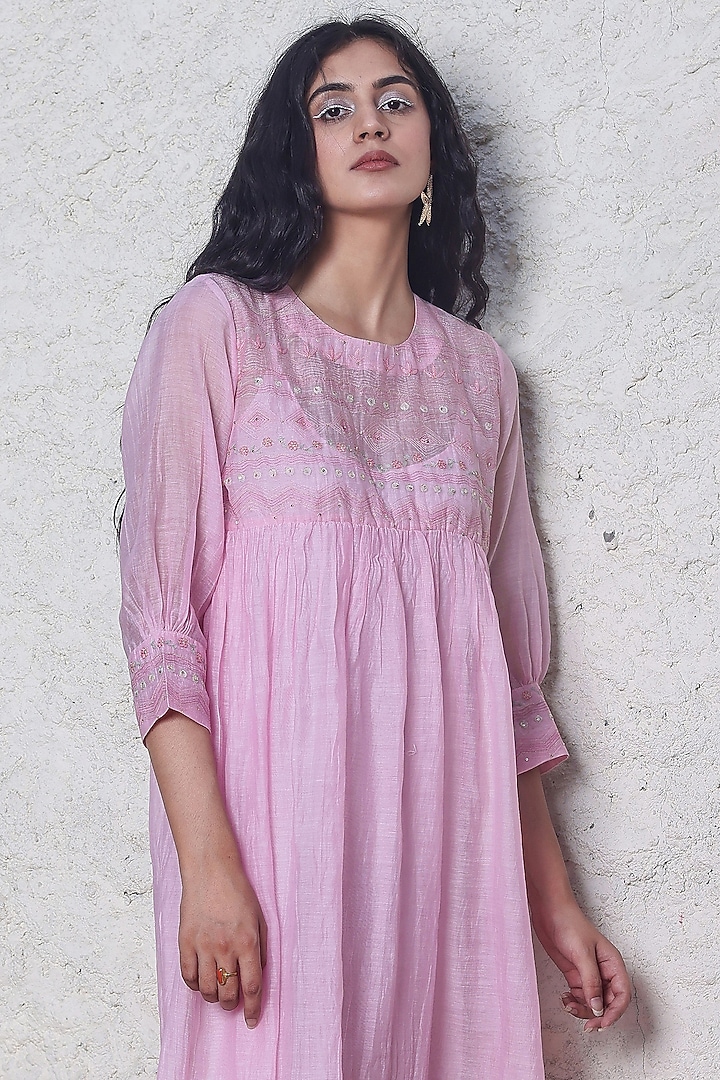 Blush Pink Chanderi Embroidered Summer Dress by TATWA at Pernia's Pop Up Shop