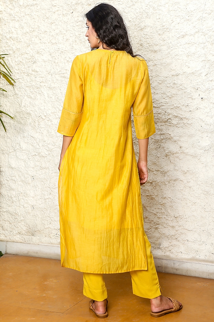 Mustard Yellow Chanderi Embroidered Kurta Set by TATWA at Pernia's Pop Up Shop