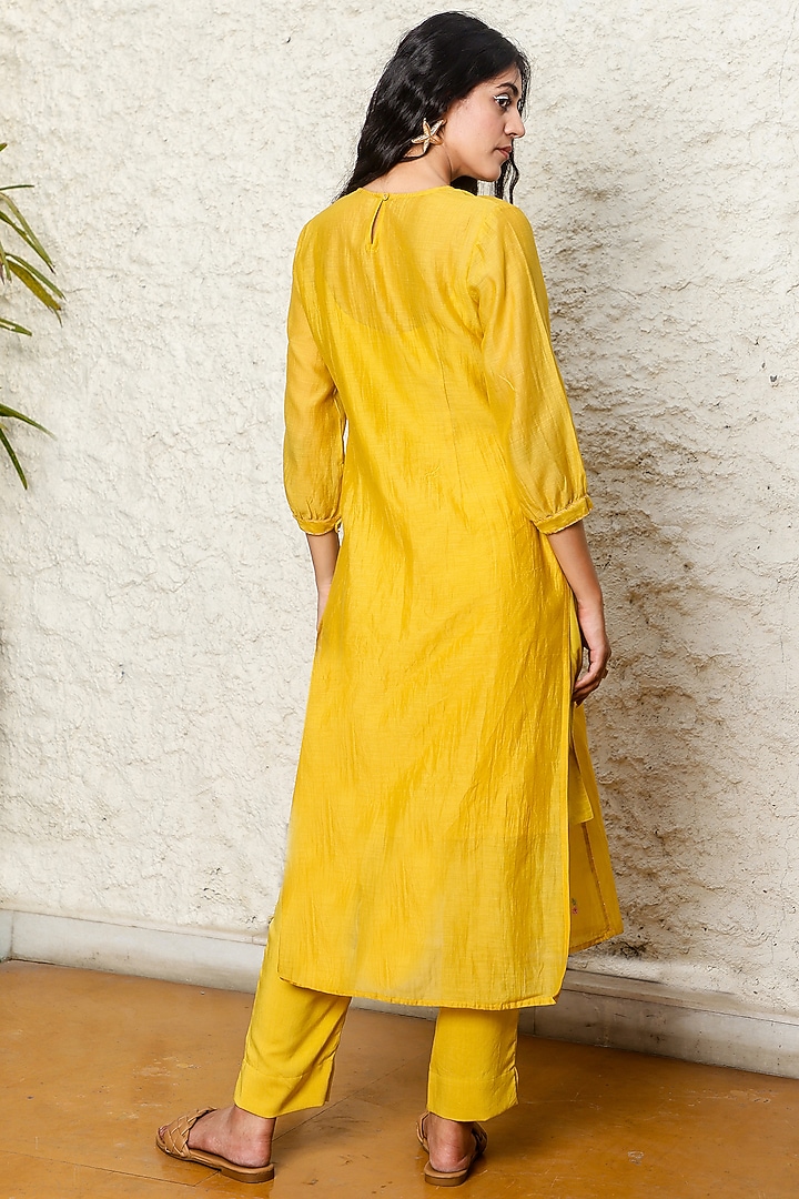 Mustard Yellow Chanderi Embroidered Kurta Set by TATWA at Pernia's Pop Up Shop