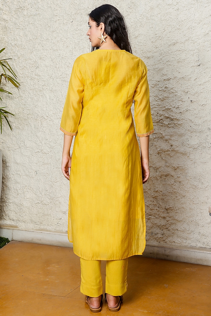 Mustard Yellow Chanderi Embroidered Kurta Set by TATWA at Pernia's Pop Up Shop