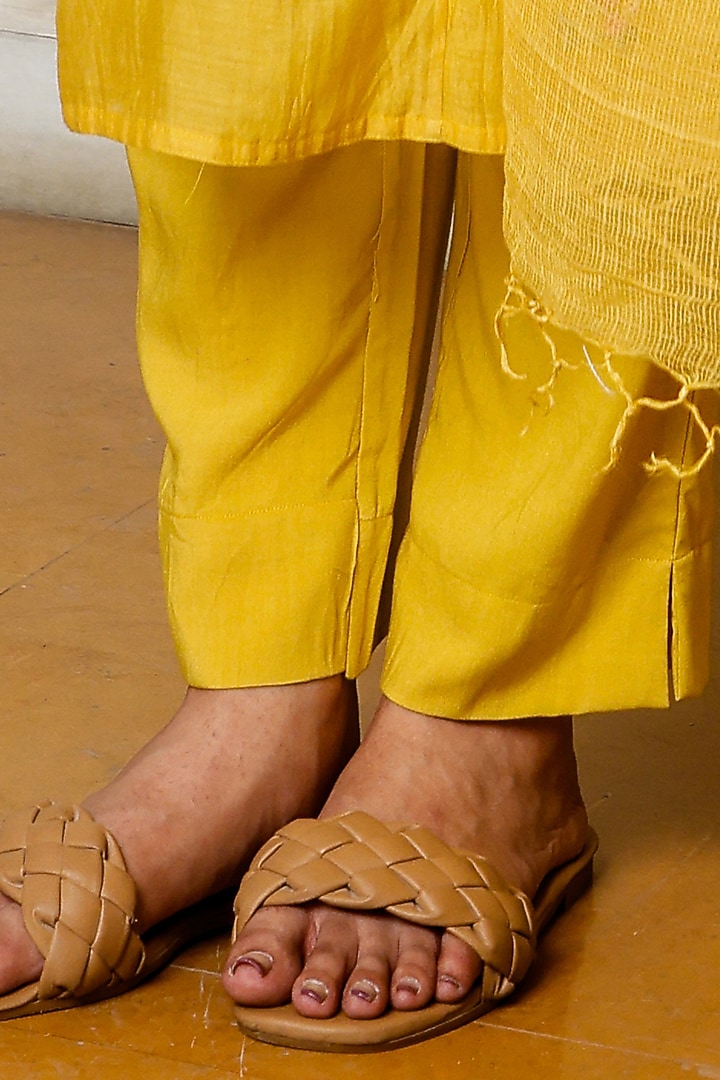 Mustard Yellow Chanderi Embroidered Kurta Set by TATWA at Pernia's Pop Up Shop