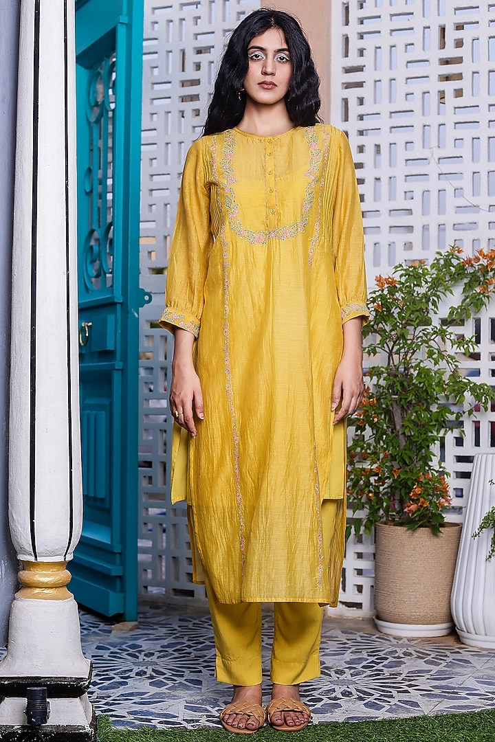 Mustard Yellow Chanderi Embroidered Kurta Set by TATWA at Pernia's Pop Up Shop