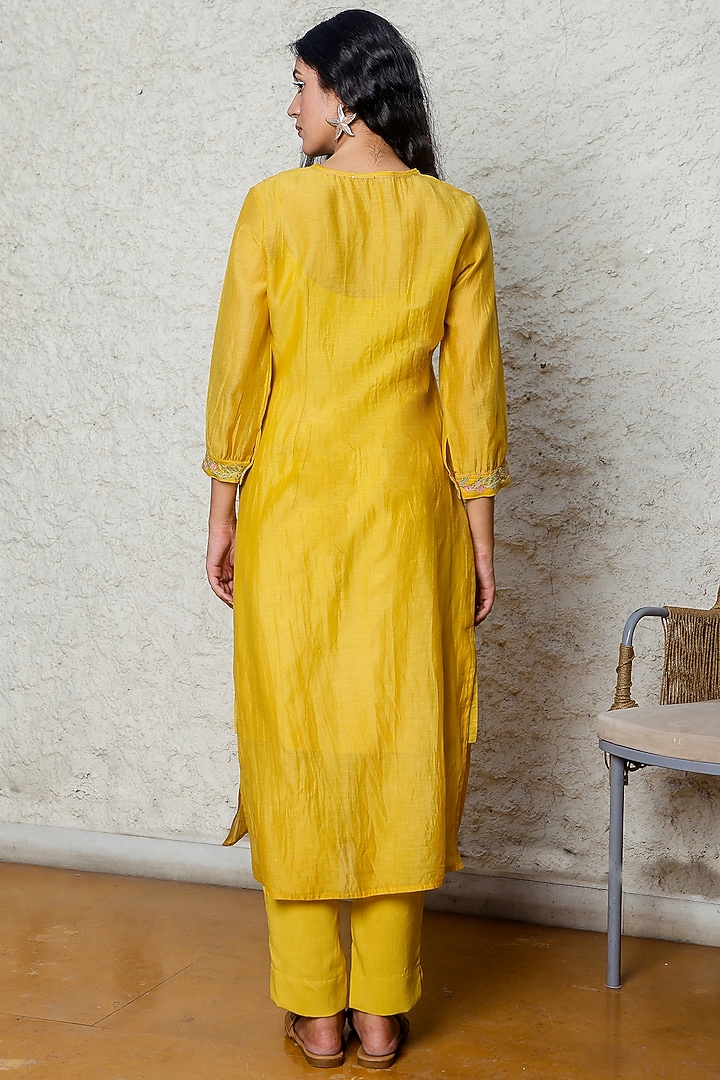Mustard Yellow Chanderi Embroidered Kurta Set by TATWA at Pernia's Pop Up Shop