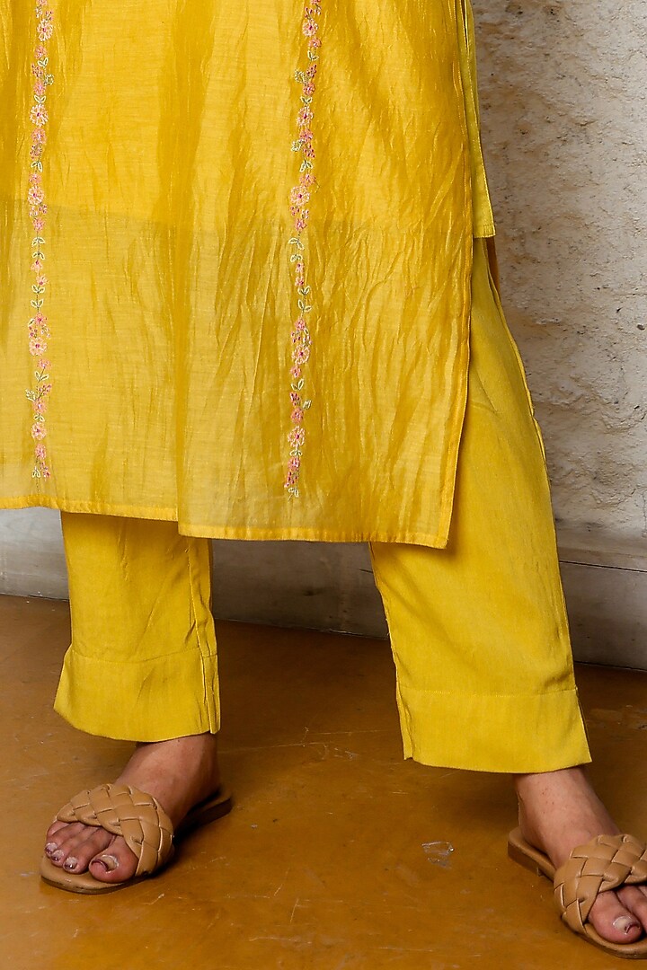 Mustard Yellow Chanderi Embroidered Kurta Set by TATWA at Pernia's Pop Up Shop
