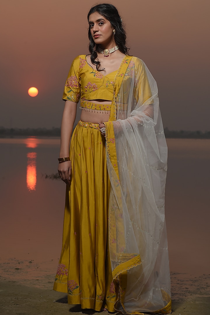 Mustard Viscose Katan Silk Embroidered Lehenga Set by TATWA at Pernia's Pop Up Shop