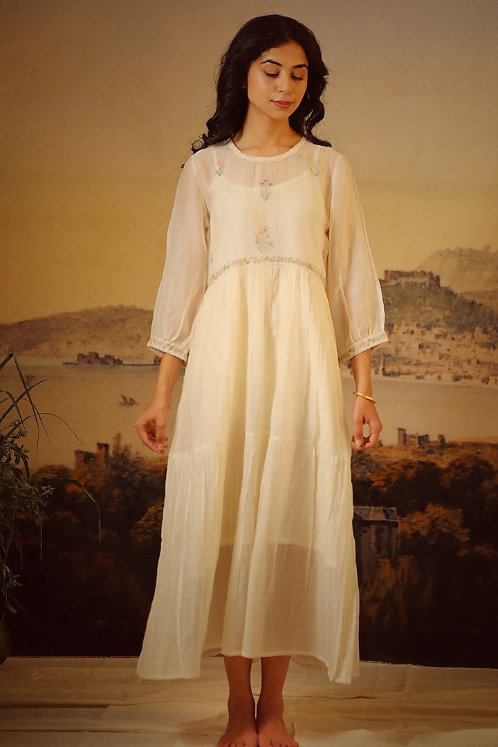 Ivory Handloom Chanderi Embroidered Dress by TATWA at Pernia's Pop Up Shop