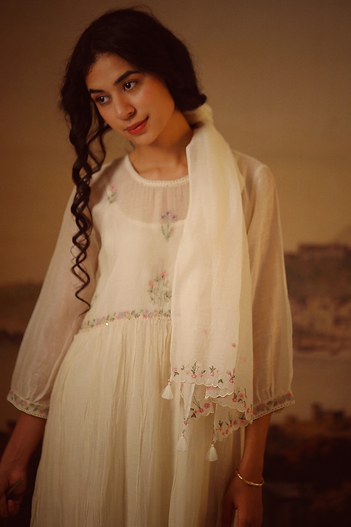 Ivory Handloom Chanderi Embroidered Summer Dress by TATWA at Pernia's Pop Up Shop