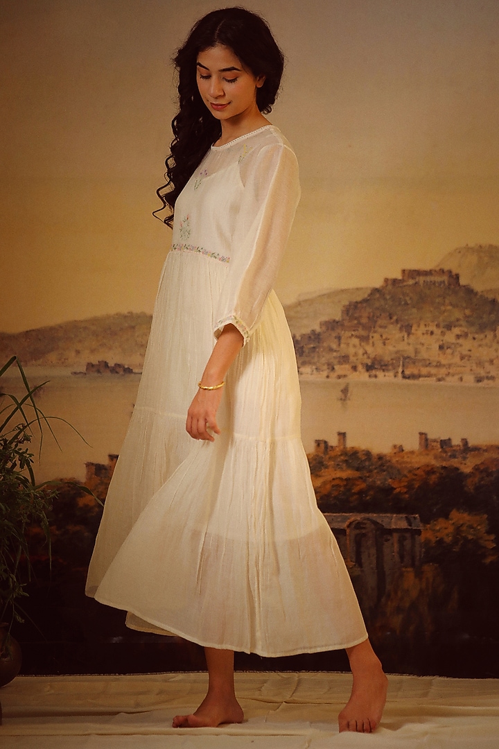 Ivory Handloom Chanderi Embroidered Summer Dress by TATWA at Pernia's Pop Up Shop