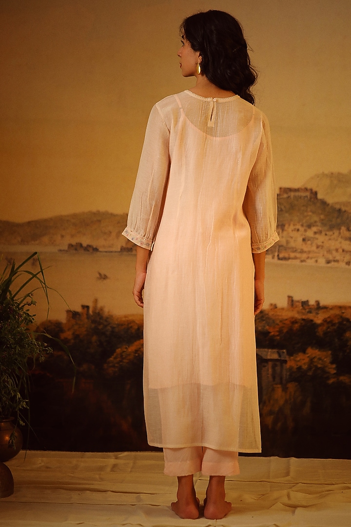Pink Handloom Chanderi Embroidered Kurta Set by TATWA at Pernia's Pop Up Shop