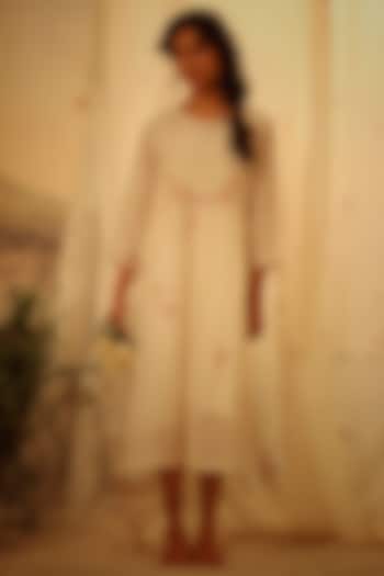White Handloom Chanderi Printed & Embroidered Dress by TATWA