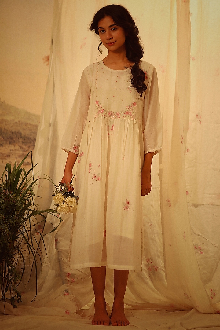 White Handloom Chanderi Printed & Embroidered Dress by TATWA