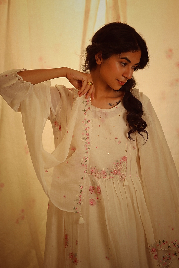 White Handloom Chanderi Printed & Embroidered Summer Dress by TATWA at Pernia's Pop Up Shop