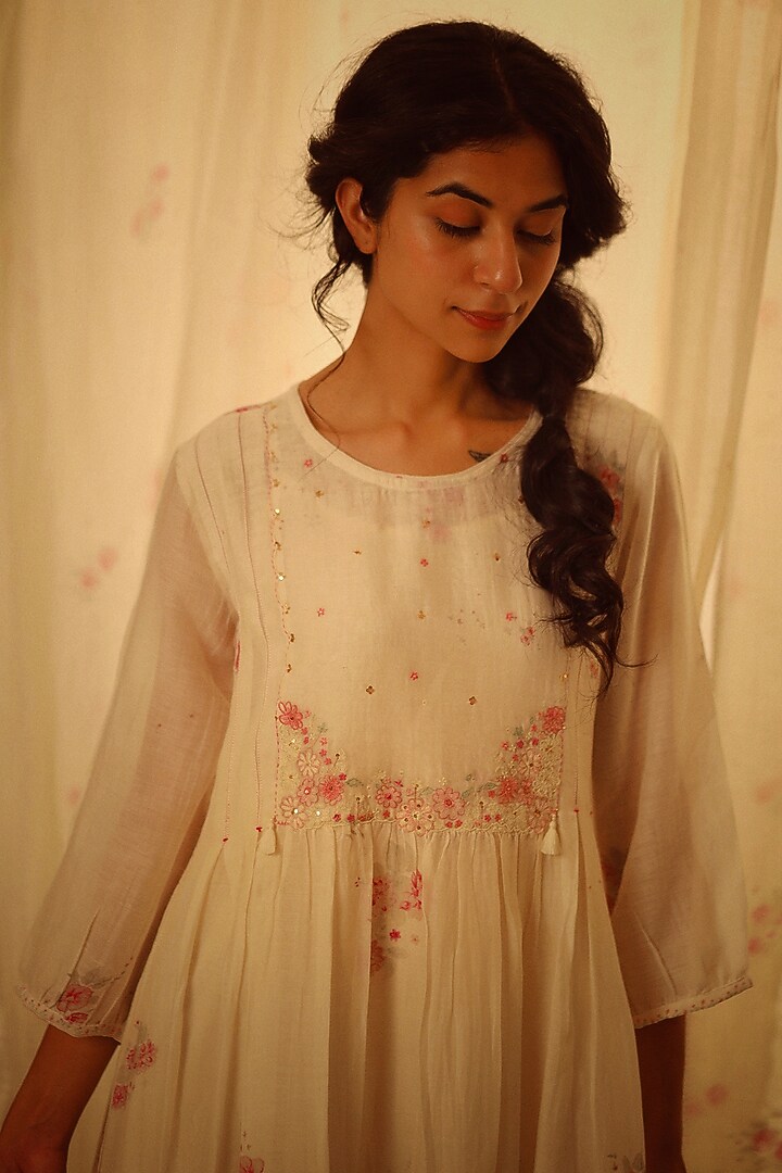 White Handloom Chanderi Printed & Embroidered Summer Dress by TATWA at Pernia's Pop Up Shop