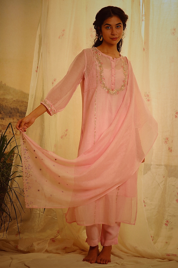 Blush Pink Handloom Chanderi Embroidered Kurta Set by TATWA