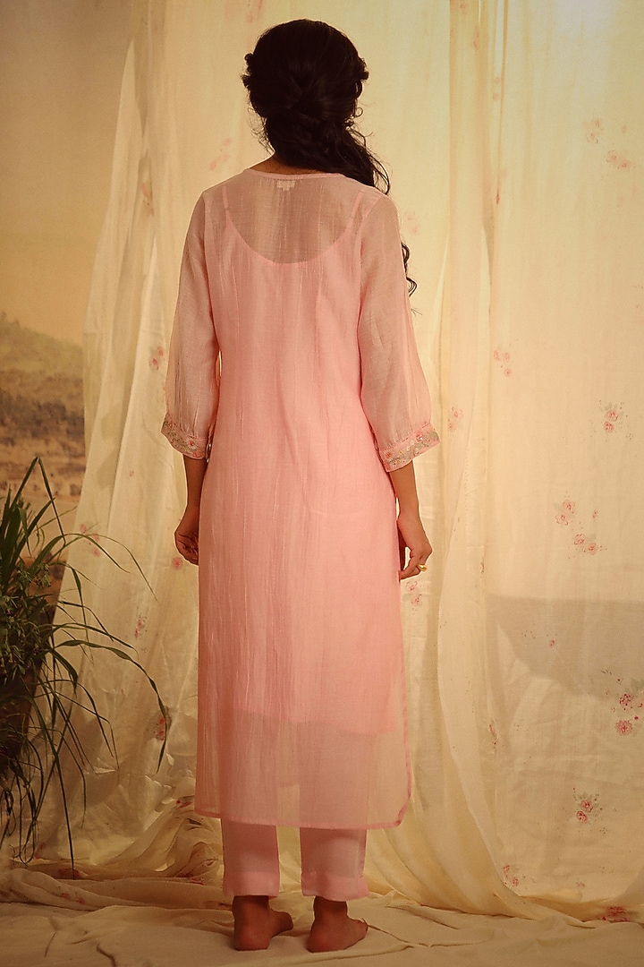 Blush Pink Handloom Chanderi Embroidered Kurta Set by TATWA at Pernia's Pop Up Shop