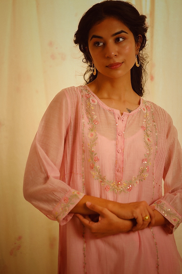 Blush Pink Handloom Chanderi Embroidered Kurta Set by TATWA at Pernia's Pop Up Shop