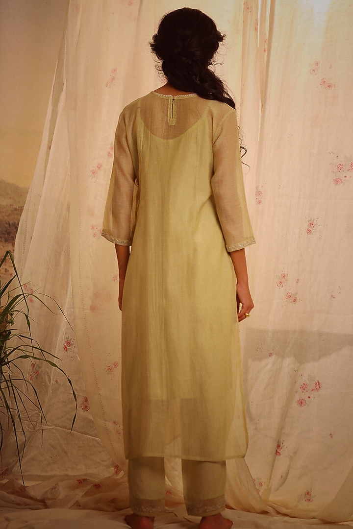 Sage Green Handloom Chanderi Embroidered Kurta Set by TATWA at Pernia's Pop Up Shop