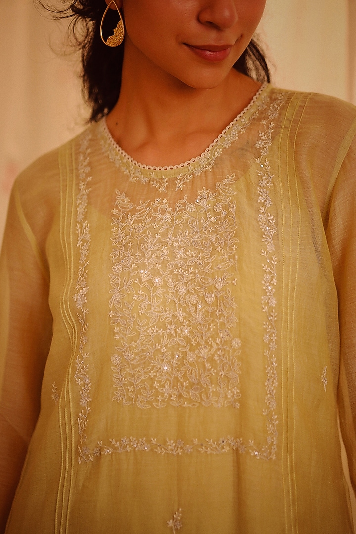 Sage Green Handloom Chanderi Embroidered Kurta Set by TATWA at Pernia's Pop Up Shop