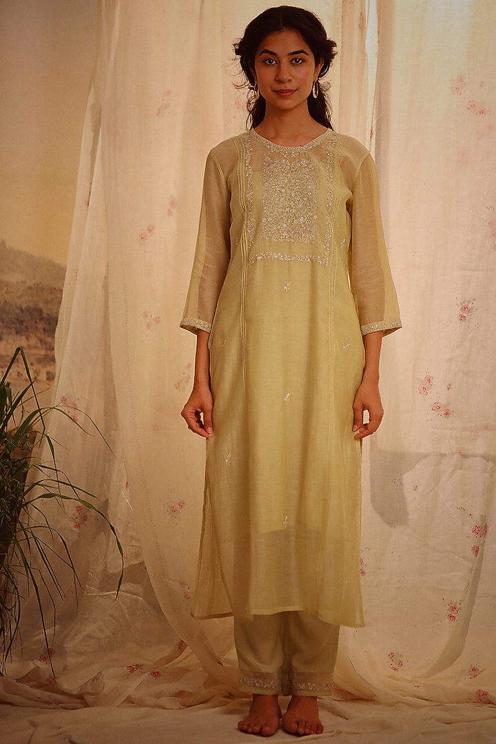 Sage Green Handloom Chanderi Embroidered Kurta Set by TATWA at Pernia's Pop Up Shop