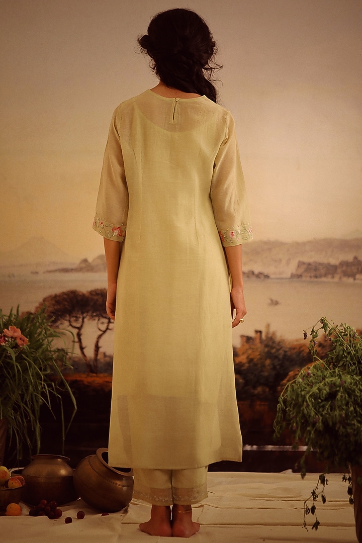 Sage Green Handloom Chanderi Embroidered Kurta Set by TATWA at Pernia's Pop Up Shop