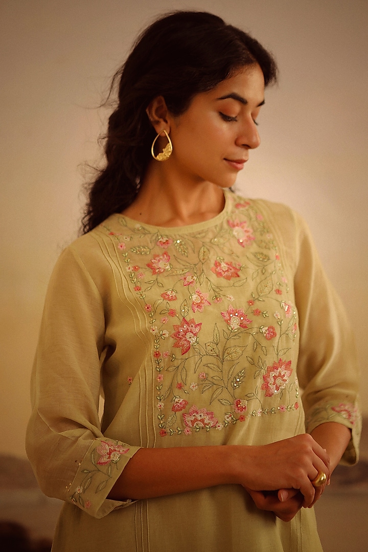 Sage Green Handloom Chanderi Embroidered Kurta Set by TATWA at Pernia's Pop Up Shop