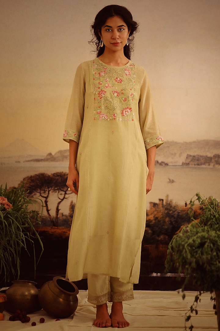 Sage Green Handloom Chanderi Embroidered Kurta Set by TATWA at Pernia's Pop Up Shop