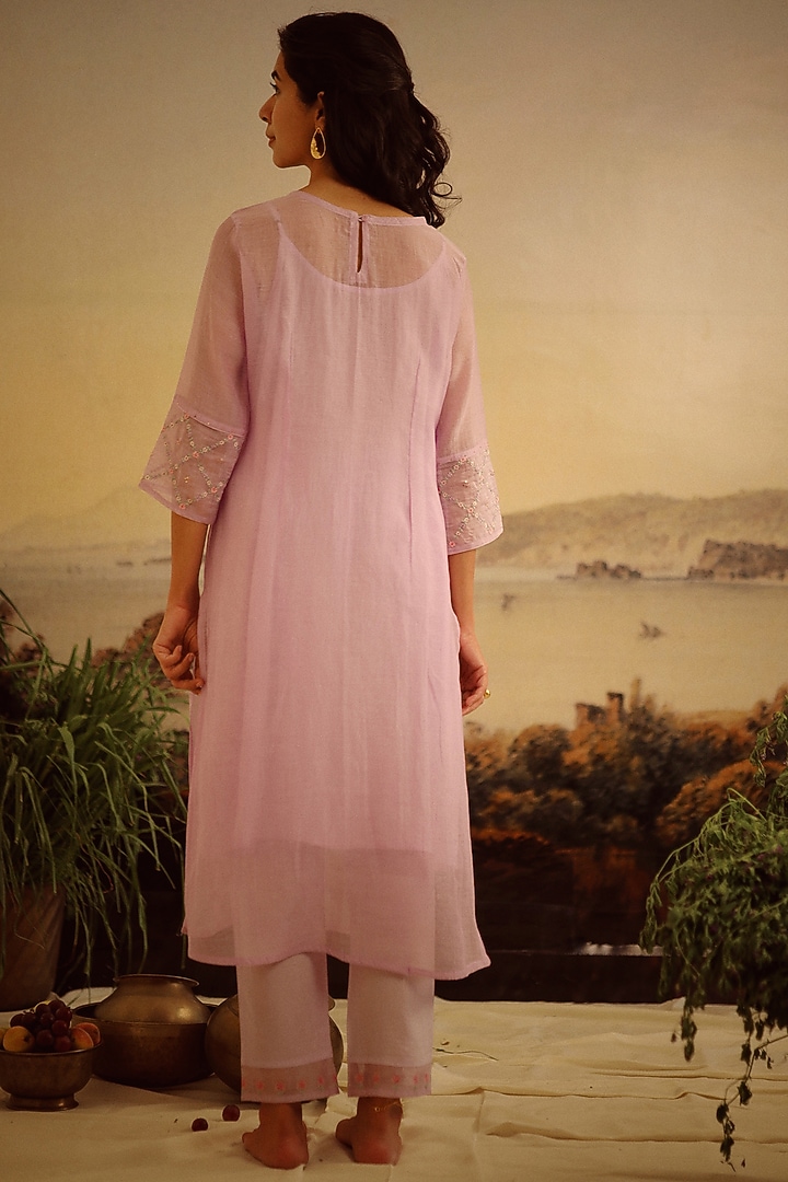 Lavender Handloom Chanderi Embroidered Kurta Set by TATWA at Pernia's Pop Up Shop