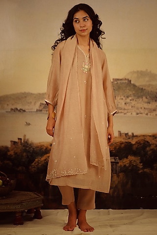 Coffee Brown Handloom Chanderi Embroidered Kurta Set by TATWA
