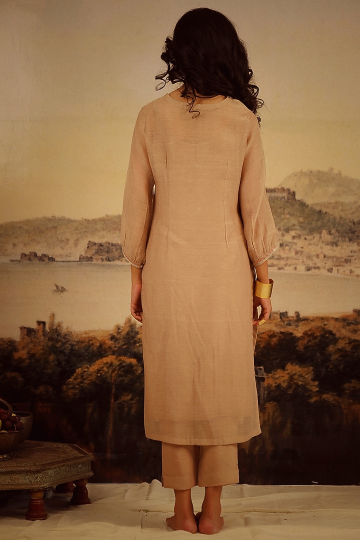 Coffee Brown Handloom Chanderi Embroidered Kurta Set by TATWA at Pernia's Pop Up Shop