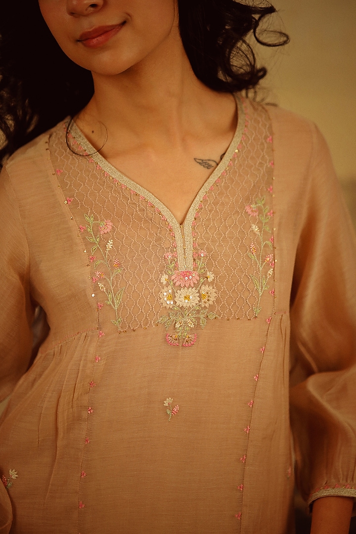 Coffee Brown Handloom Chanderi Embroidered Kurta Set by TATWA at Pernia's Pop Up Shop
