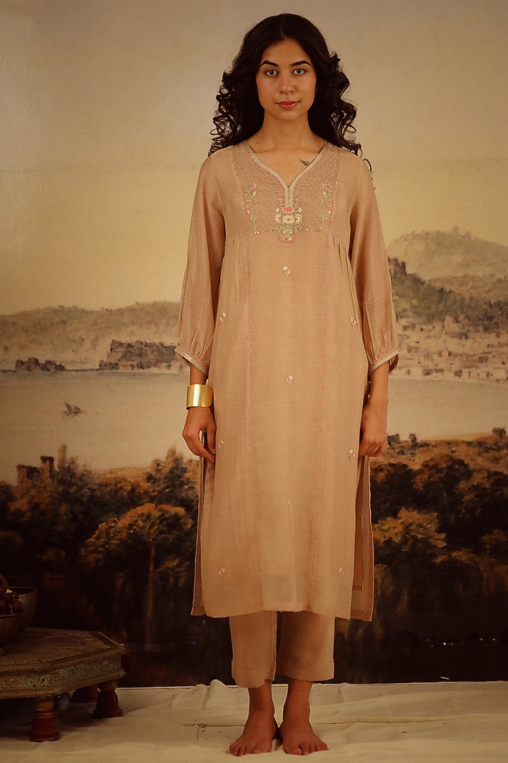 Coffee Brown Handloom Chanderi Embroidered Kurta Set by TATWA at Pernia's Pop Up Shop