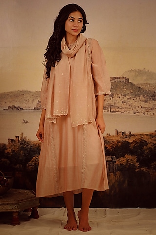 Coffee Brown Handloom Chanderi Embroidered Dress by TATWA