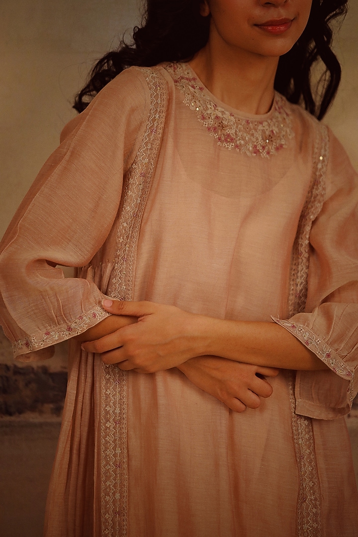 Coffee Brown Handloom Chanderi Embroidered Summer Dress by TATWA at Pernia's Pop Up Shop