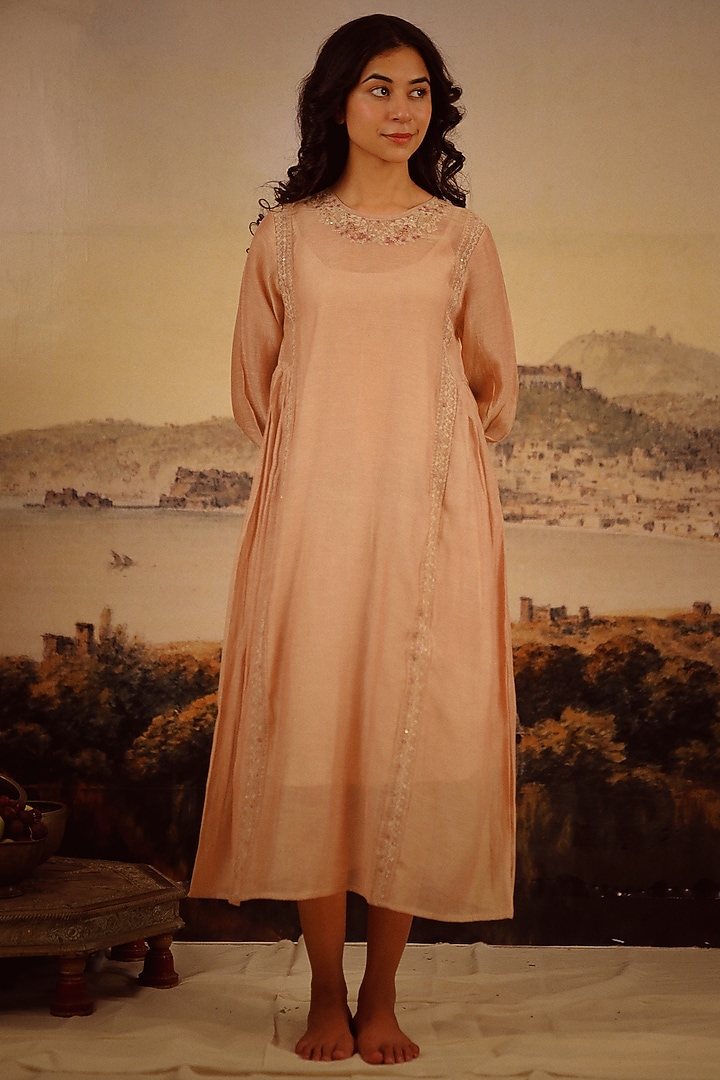 Coffee Brown Handloom Chanderi Embroidered Summer Dress by TATWA at Pernia's Pop Up Shop