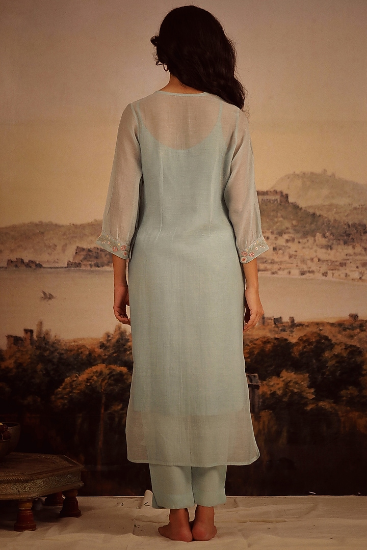Teal Blue Handloom Chanderi Embroidered Kurta Set by TATWA at Pernia's Pop Up Shop