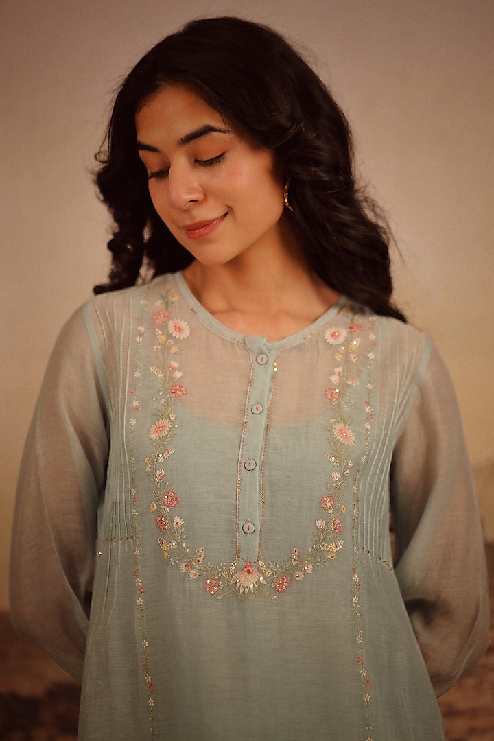 Teal Blue Handloom Chanderi Embroidered Kurta Set by TATWA at Pernia's Pop Up Shop
