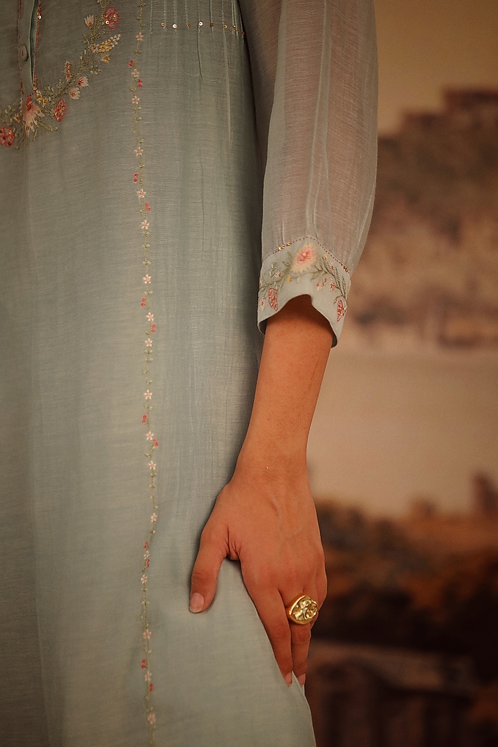 Teal Blue Handloom Chanderi Embroidered Kurta Set by TATWA at Pernia's Pop Up Shop