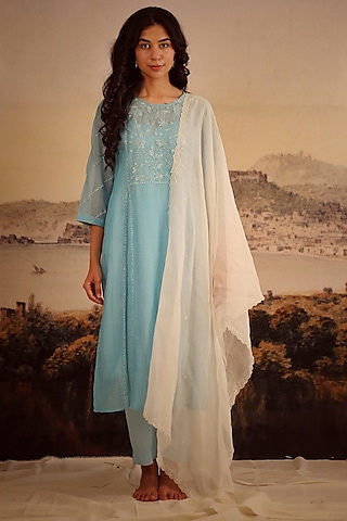 Blue Handloom Chanderi Embroidered Kurta Set by TATWA
