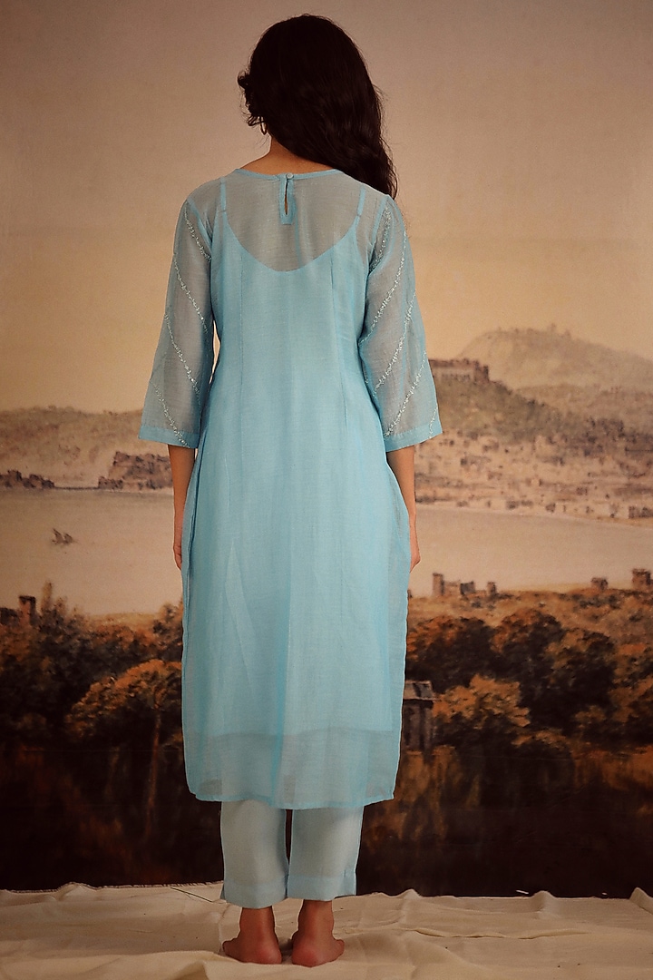 Blue Handloom Chanderi Embroidered Kurta Set by TATWA at Pernia's Pop Up Shop