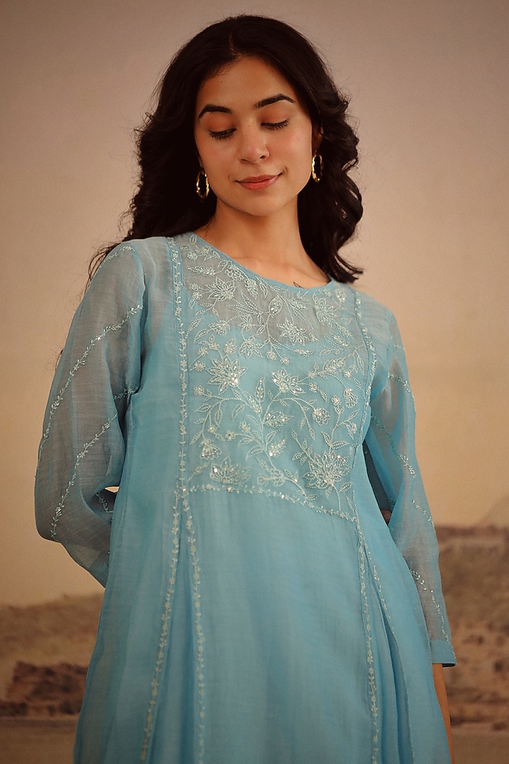 Blue Handloom Chanderi Embroidered Kurta Set by TATWA at Pernia's Pop Up Shop