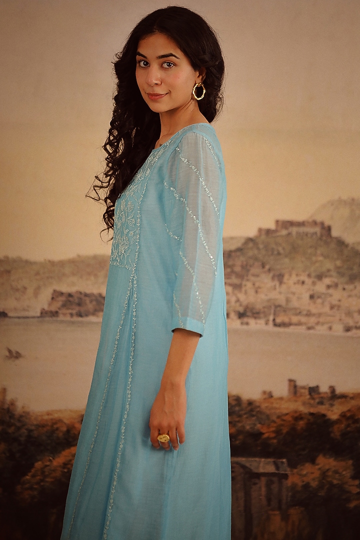 Blue Handloom Chanderi Embroidered Kurta Set by TATWA at Pernia's Pop Up Shop