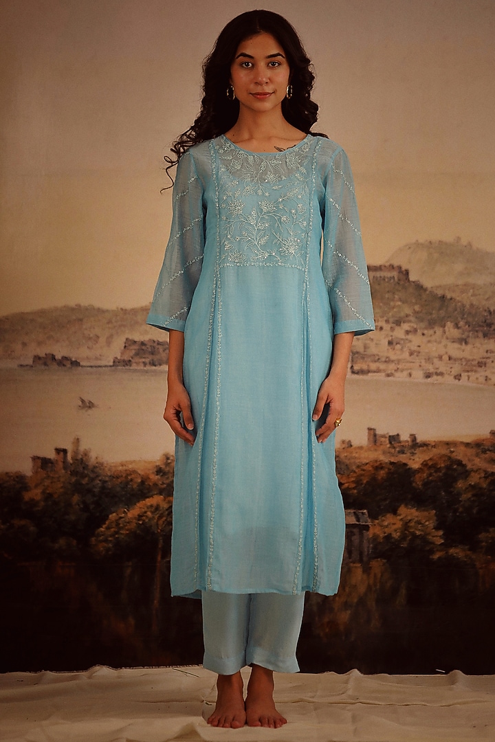 Blue Handloom Chanderi Embroidered Kurta Set by TATWA at Pernia's Pop Up Shop