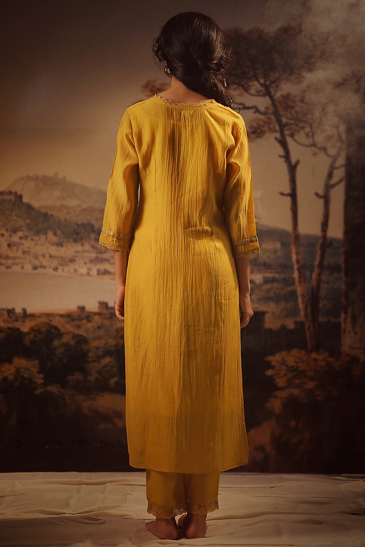 Mustard Yellow Handloom Chanderi Embroidered Kurta Set by TATWA at Pernia's Pop Up Shop