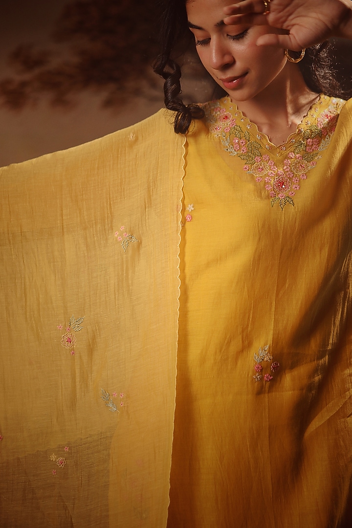 Mustard Yellow Handloom Chanderi Embroidered Kurta Set by TATWA at Pernia's Pop Up Shop