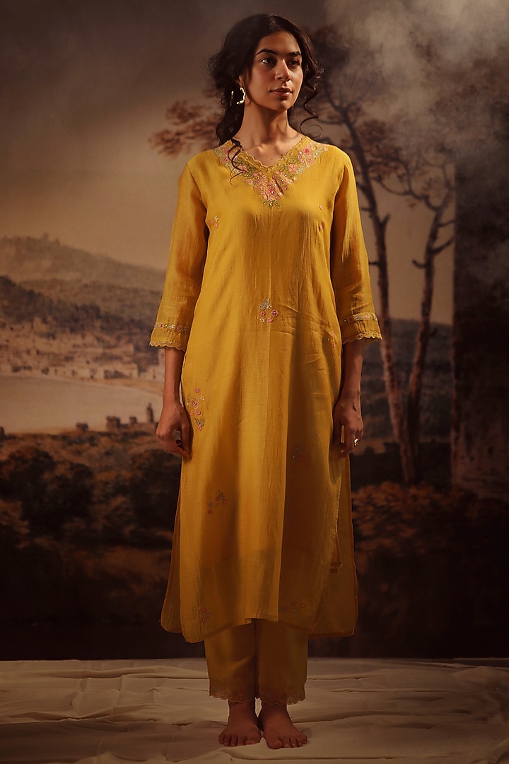 Mustard Yellow Handloom Chanderi Embroidered Kurta Set by TATWA at Pernia's Pop Up Shop