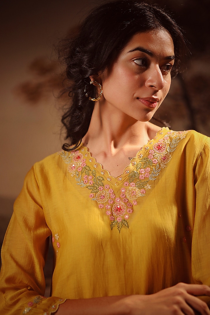 Mustard Yellow Handloom Chanderi Embroidered Kurta Set by TATWA at Pernia's Pop Up Shop