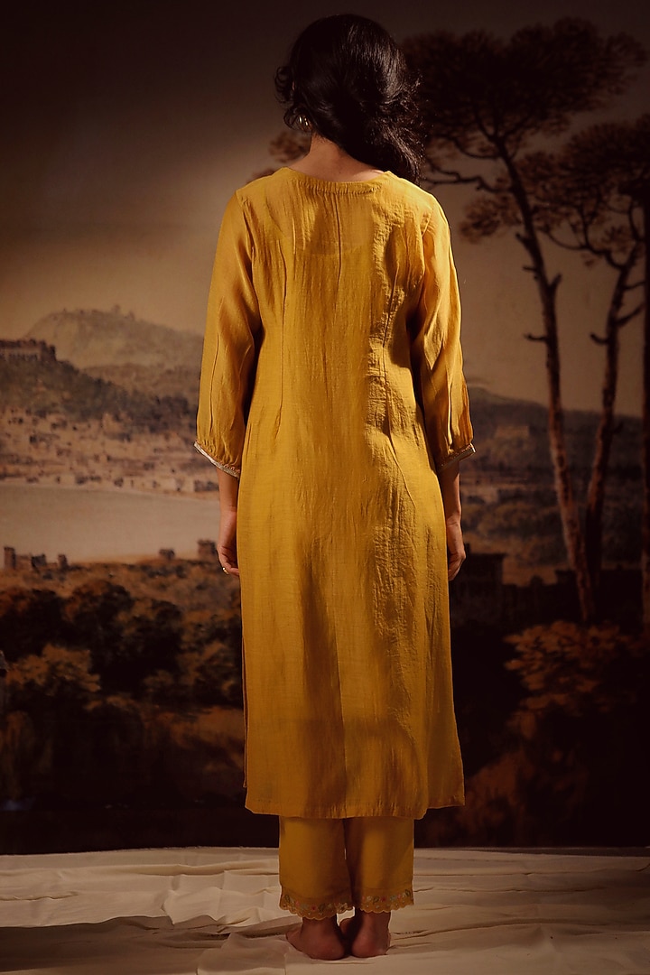 Mustard Yellow Handloom Chanderi Embroidered Kurta Set by TATWA at Pernia's Pop Up Shop
