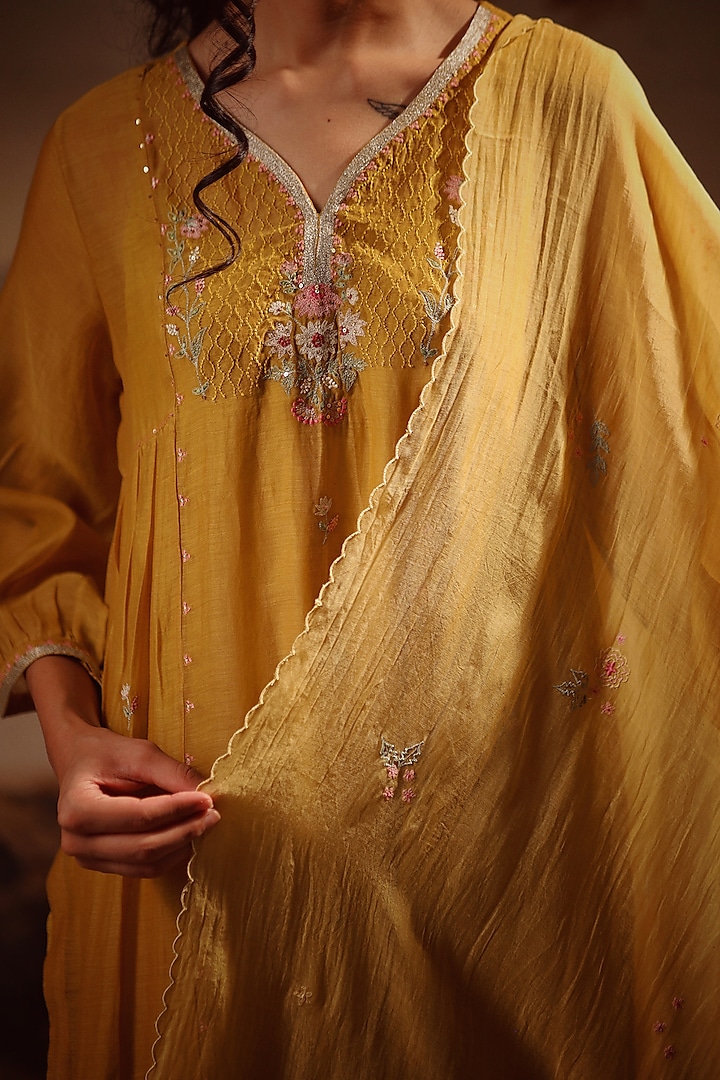 Mustard Yellow Handloom Chanderi Embroidered Kurta Set by TATWA at Pernia's Pop Up Shop