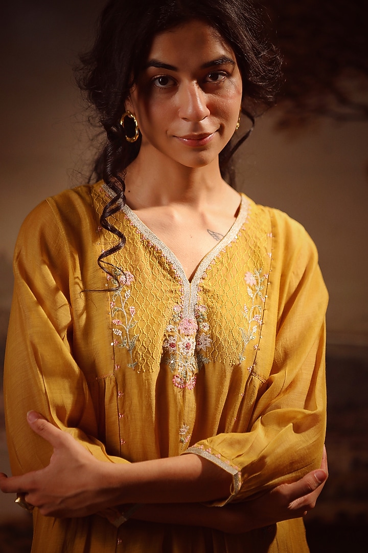 Mustard Yellow Handloom Chanderi Embroidered Kurta Set by TATWA at Pernia's Pop Up Shop