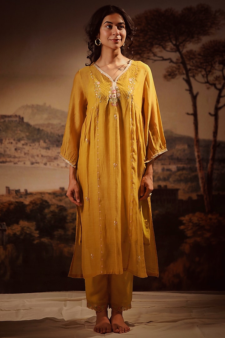 Mustard Yellow Handloom Chanderi Embroidered Kurta Set by TATWA at Pernia's Pop Up Shop